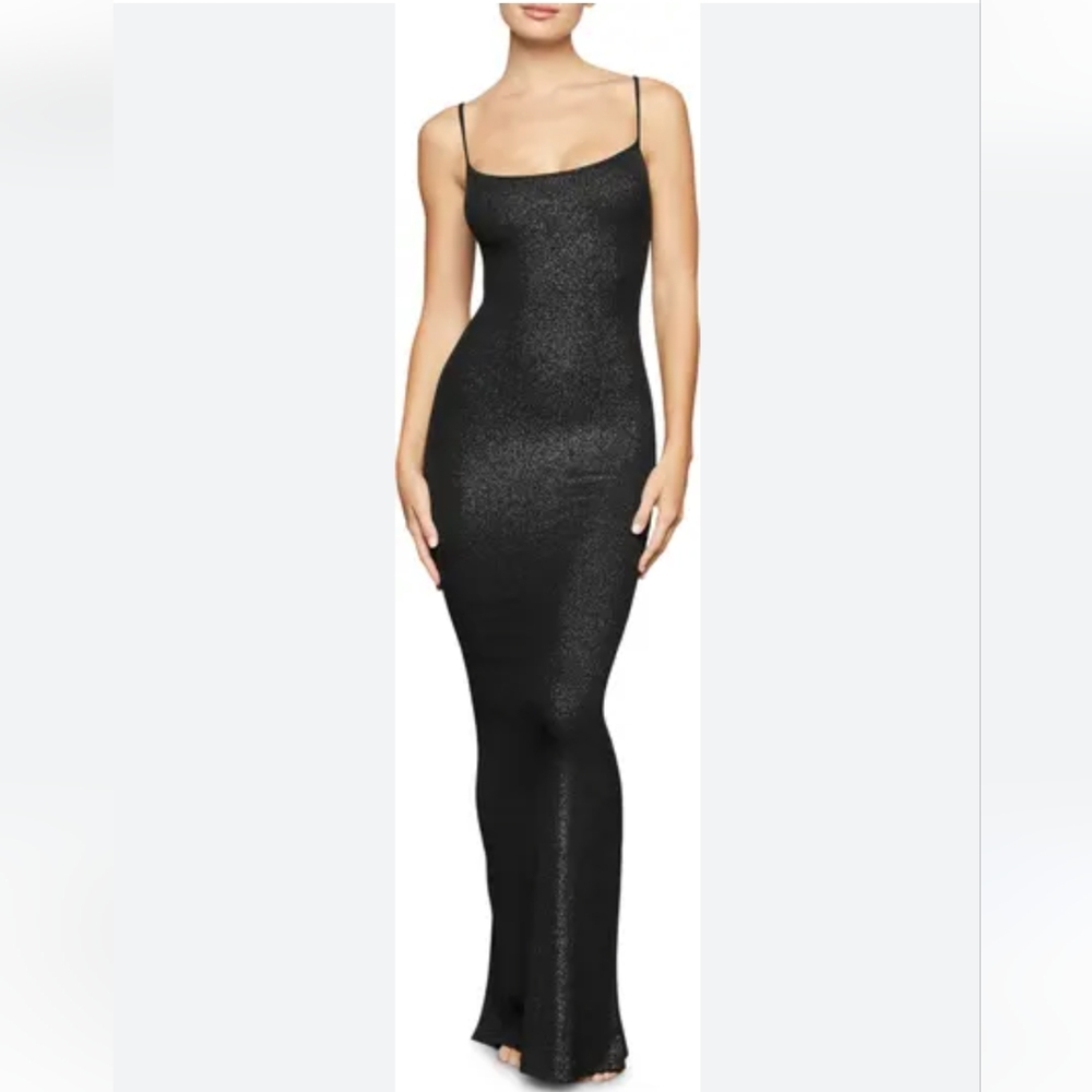 1. NWT SKIMS SHIMMER SOFT LOUNGE LONG SLIP DRESS IN ONYX FOIL